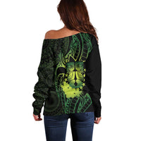Kia Orana Kuki Airani Off Shoulder Sweater Cook Islands Tangaroa God Tatau Green LT14 - Polynesian Pride