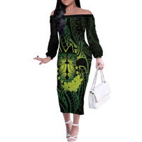 Kia Orana Kuki Airani Off The Shoulder Long Sleeve Dress Cook Islands Tangaroa God Tatau Green LT14 Women Green - Polynesian Pride