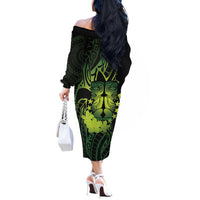 Kia Orana Kuki Airani Off The Shoulder Long Sleeve Dress Cook Islands Tangaroa God Tatau Green LT14 - Polynesian Pride