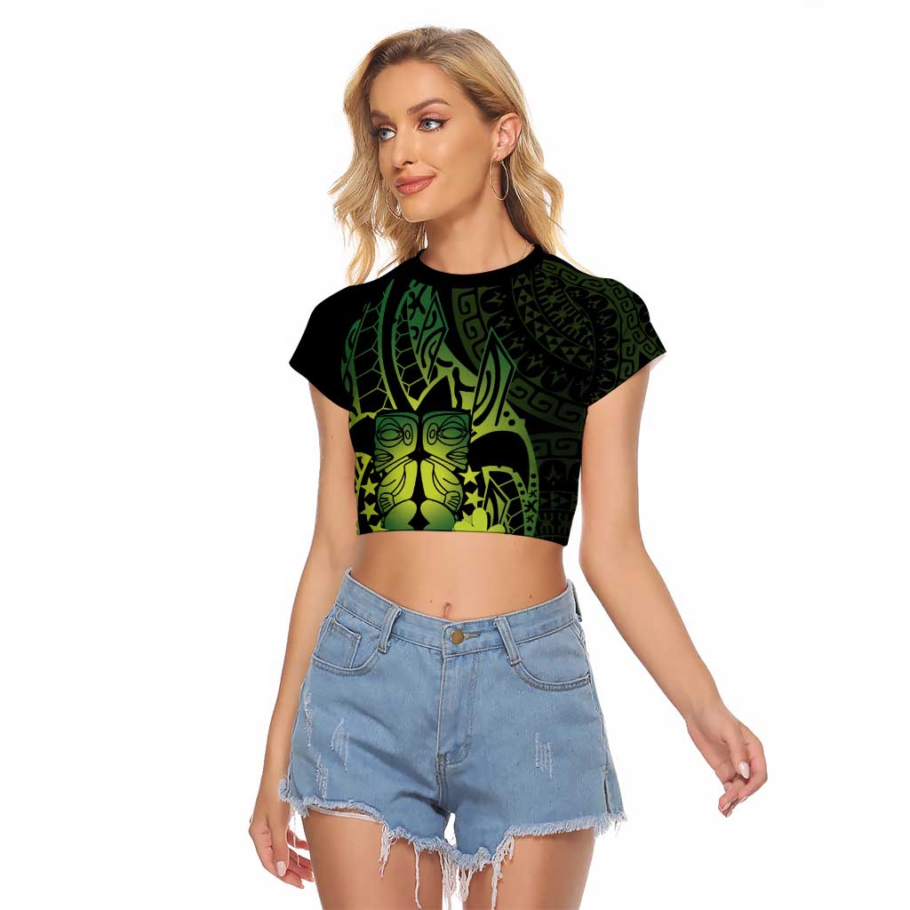 Kia Orana Kuki Airani Raglan Cropped T Shirt Cook Islands Tangaroa God Tatau Green LT14 Female Green - Polynesian Pride