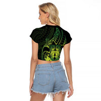 Kia Orana Kuki Airani Raglan Cropped T Shirt Cook Islands Tangaroa God Tatau Green LT14 - Polynesian Pride