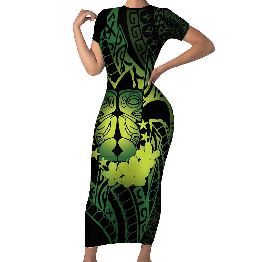 Kia Orana Kuki Airani Short Sleeve Bodycon Dress Cook Islands Tangaroa God Tatau Green LT14 Long Dress Green - Polynesian Pride