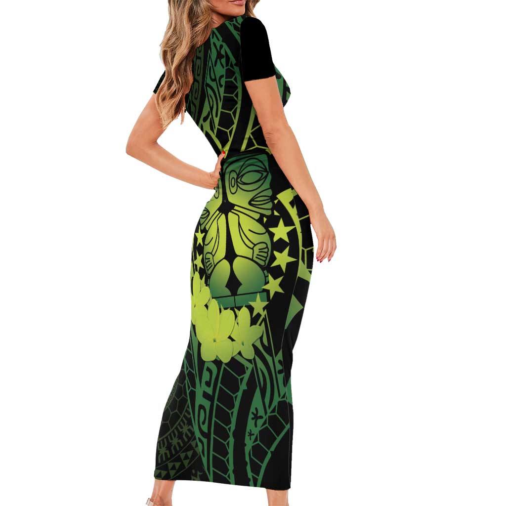 Kia Orana Kuki Airani Short Sleeve Bodycon Dress Cook Islands Tangaroa God Tatau Green LT14 - Polynesian Pride