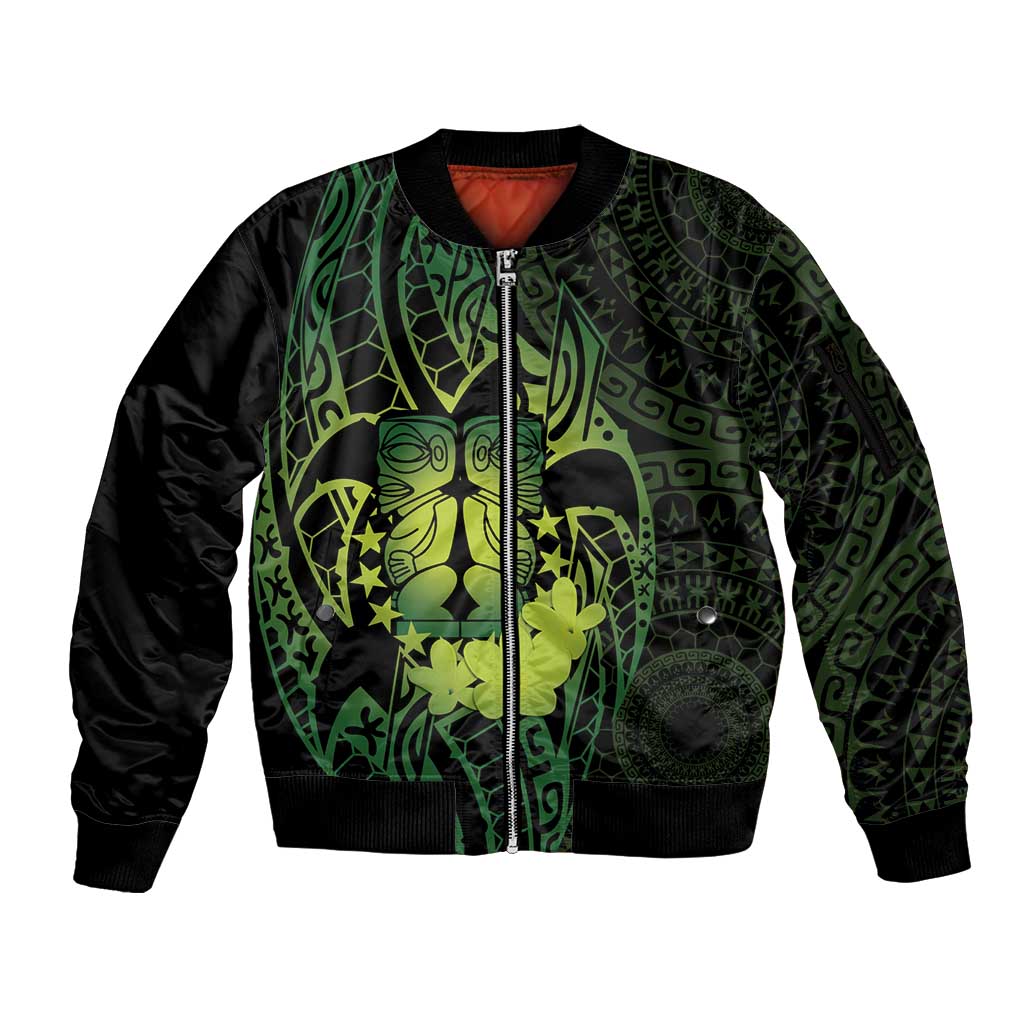 Kia Orana Kuki Airani Sleeve Zip Bomber Jacket Cook Islands Tangaroa God Tatau Green LT14 Unisex Green - Polynesian Pride