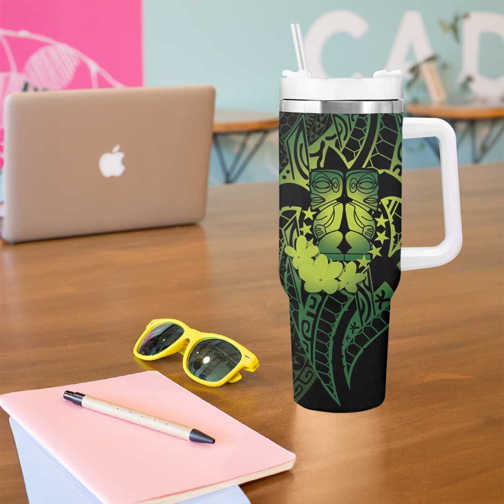 Kia Orana Kuki Airani Tumbler With Handle Cook Islands Tangaroa God Tatau Green LT14 - Polynesian Pride