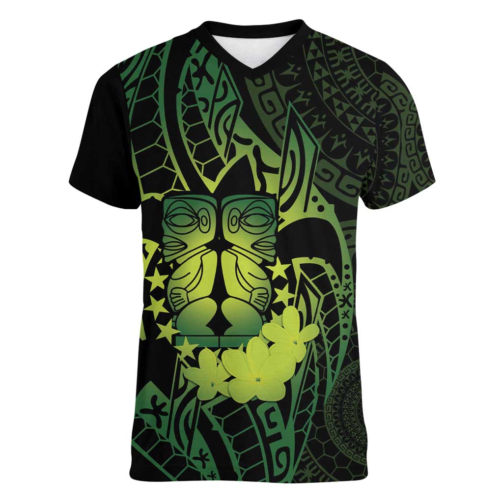Kia Orana Kuki Airani Women V-Neck T-Shirt Cook Islands Tangaroa God Tatau Green LT14 Female Green - Polynesian Pride