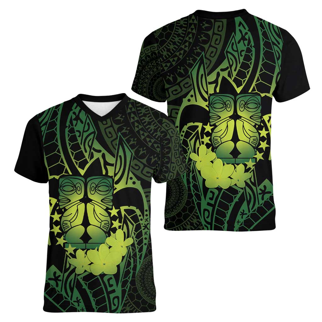 Kia Orana Kuki Airani Women V-Neck T-Shirt Cook Islands Tangaroa God Tatau Green LT14 - Polynesian Pride