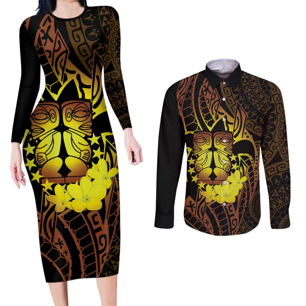 Kia Orana Kuki Airani Couples Matching Long Sleeve Bodycon Dress and Long Sleeve Button Shirt Cook Islands Tangaroa God Tatau Gold LT14 Gold - Polynesian Pride