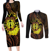 Kia Orana Kuki Airani Couples Matching Long Sleeve Bodycon Dress and Long Sleeve Button Shirt Cook Islands Tangaroa God Tatau Gold LT14 Gold - Polynesian Pride