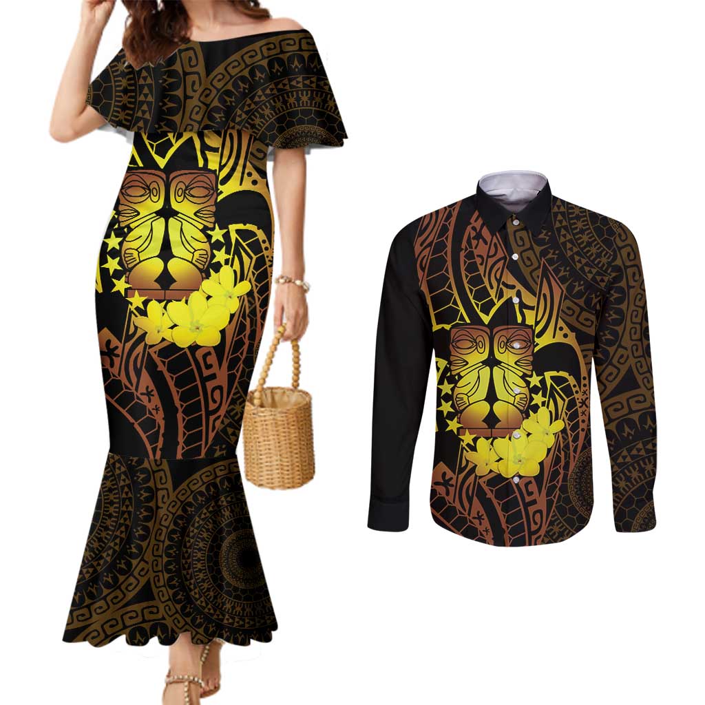 Kia Orana Kuki Airani Couples Matching Mermaid Dress and Long Sleeve Button Shirt Cook Islands Tangaroa God Tatau Gold LT14 Gold - Polynesian Pride