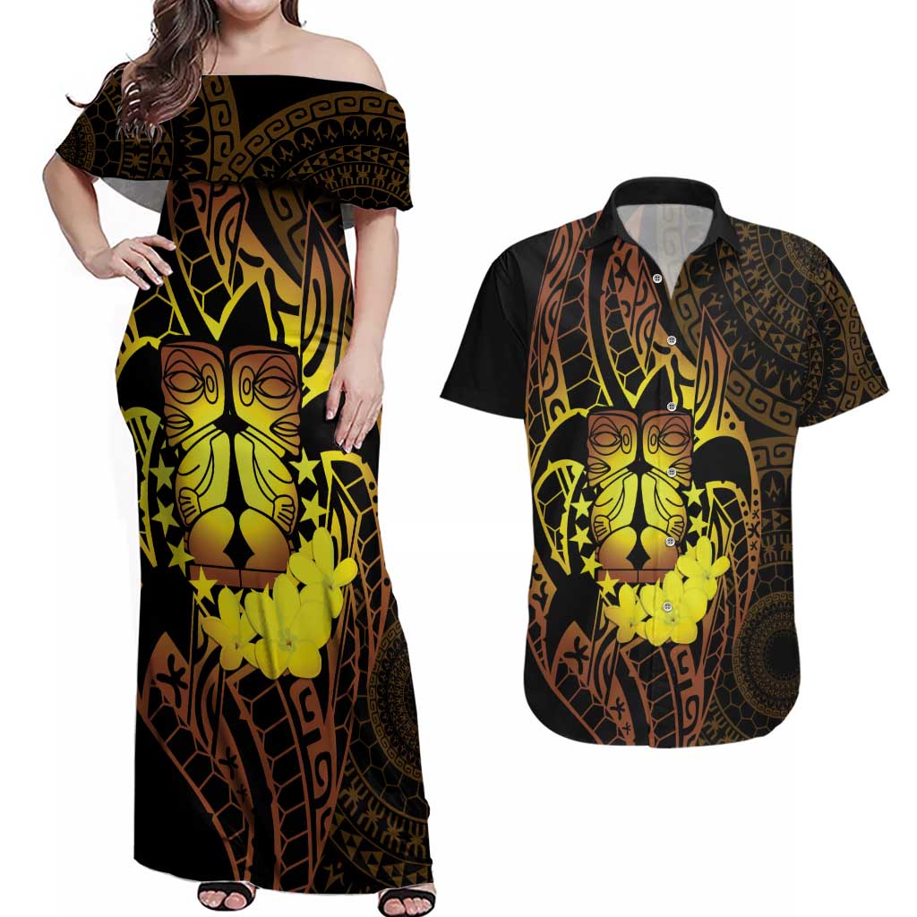 Kia Orana Kuki Airani Couples Matching Off Shoulder Maxi Dress and Hawaiian Shirt Cook Islands Tangaroa God Tatau Gold LT14 Gold - Polynesian Pride