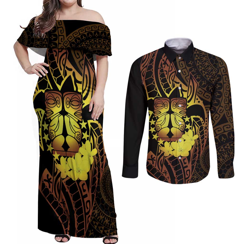 Kia Orana Kuki Airani Couples Matching Off Shoulder Maxi Dress and Long Sleeve Button Shirt Cook Islands Tangaroa God Tatau Gold LT14 Gold - Polynesian Pride