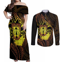 Kia Orana Kuki Airani Couples Matching Off Shoulder Maxi Dress and Long Sleeve Button Shirt Cook Islands Tangaroa God Tatau Gold LT14 Gold - Polynesian Pride