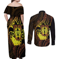 Kia Orana Kuki Airani Couples Matching Off Shoulder Maxi Dress and Long Sleeve Button Shirt Cook Islands Tangaroa God Tatau Gold LT14 - Polynesian Pride
