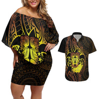 Kia Orana Kuki Airani Couples Matching Off Shoulder Short Dress and Hawaiian Shirt Cook Islands Tangaroa God Tatau Gold LT14 Gold - Polynesian Pride