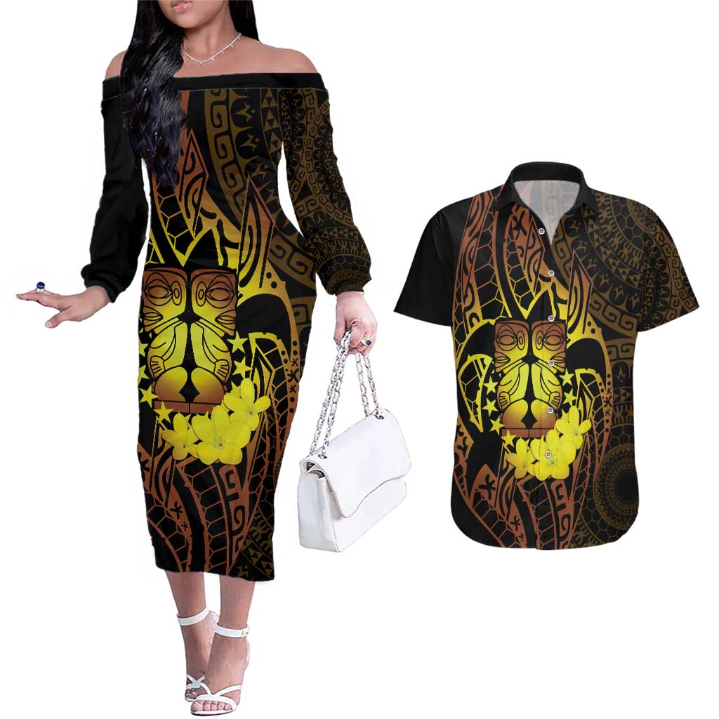 Kia Orana Kuki Airani Couples Matching Off The Shoulder Long Sleeve Dress and Hawaiian Shirt Cook Islands Tangaroa God Tatau Gold LT14 Gold - Polynesian Pride