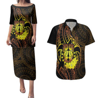 Kia Orana Kuki Airani Couples Matching Puletasi and Hawaiian Shirt Cook Islands Tangaroa God Tatau Gold LT14 Gold - Polynesian Pride