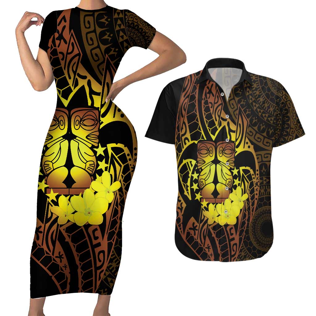 Kia Orana Kuki Airani Couples Matching Short Sleeve Bodycon Dress and Hawaiian Shirt Cook Islands Tangaroa God Tatau Gold LT14 Gold - Polynesian Pride