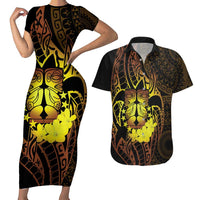 Kia Orana Kuki Airani Couples Matching Short Sleeve Bodycon Dress and Hawaiian Shirt Cook Islands Tangaroa God Tatau Gold LT14 Gold - Polynesian Pride
