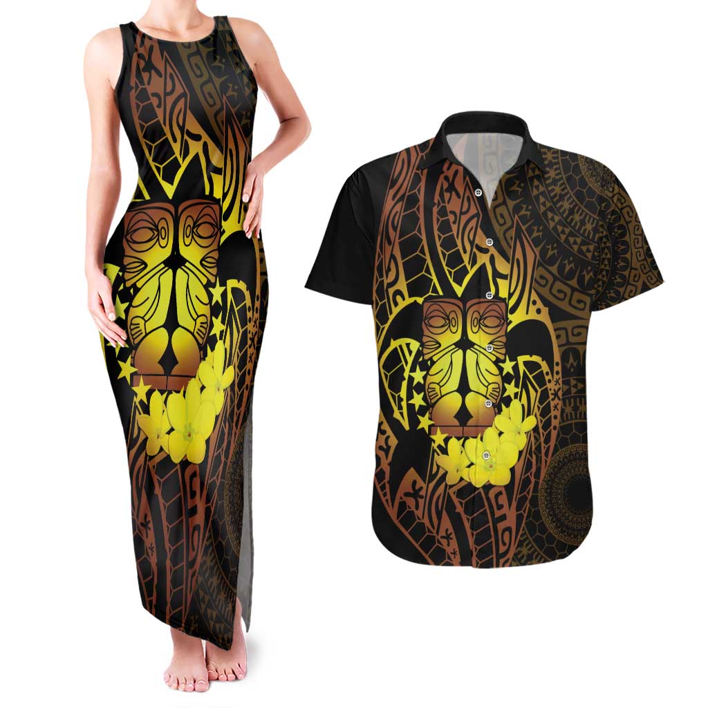 Kia Orana Kuki Airani Couples Matching Tank Maxi Dress and Hawaiian Shirt Cook Islands Tangaroa God Tatau Gold