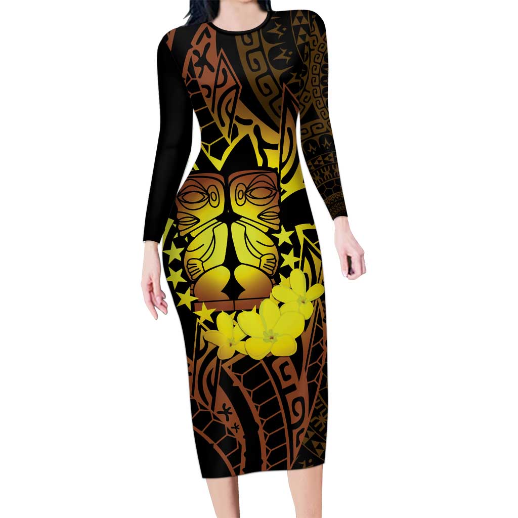 Kia Orana Kuki Airani Family Matching Long Sleeve Bodycon Dress and Hawaiian Shirt Cook Islands Tangaroa God Tatau Gold LT14 Mom's Dress Gold - Polynesian Pride