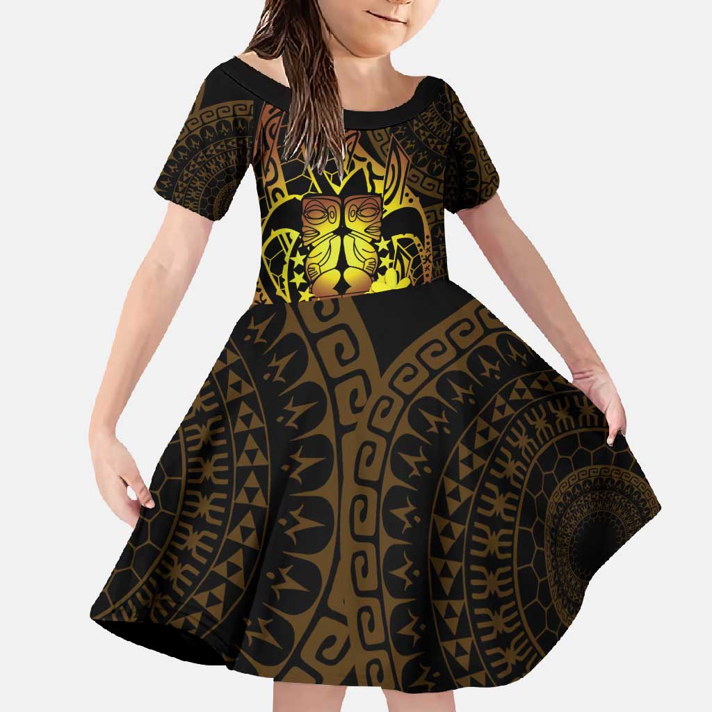 Kia Orana Kuki Airani Family Matching Off Shoulder Maxi Dress and Hawaiian Shirt Cook Islands Tangaroa God Tatau Gold LT14 Daughter's Dress Gold - Polynesian Pride