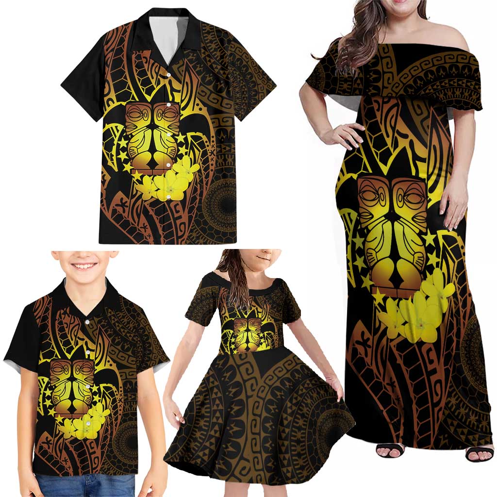 Kia Orana Kuki Airani Family Matching Off Shoulder Maxi Dress and Hawaiian Shirt Cook Islands Tangaroa God Tatau Gold LT14 - Polynesian Pride