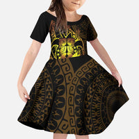 Kia Orana Kuki Airani Family Matching Puletasi and Hawaiian Shirt Cook Islands Tangaroa God Tatau Gold LT14 Daughter's Dress Gold - Polynesian Pride