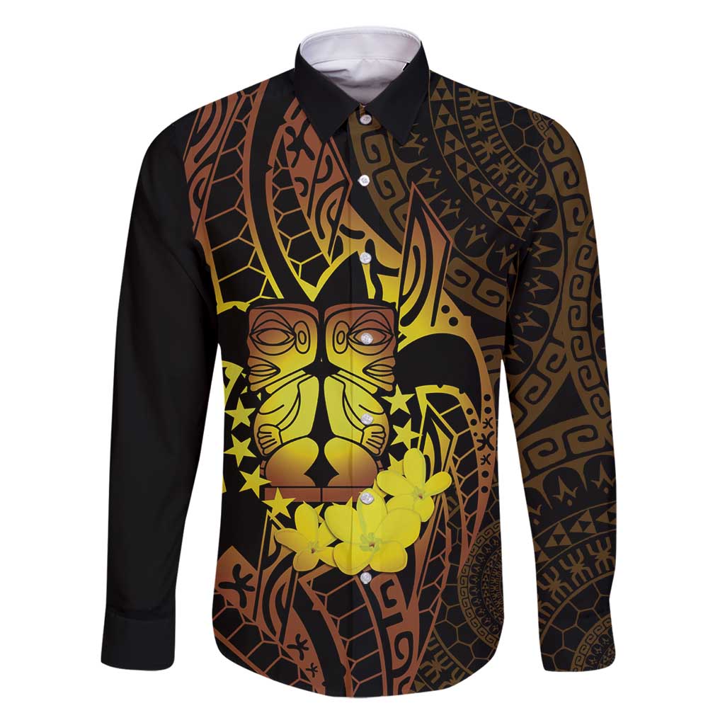 Kia Orana Kuki Airani Family Matching Puletasi and Hawaiian Shirt Cook Islands Tangaroa God Tatau Gold LT14 Dad's Shirt - Long Sleeve Gold - Polynesian Pride
