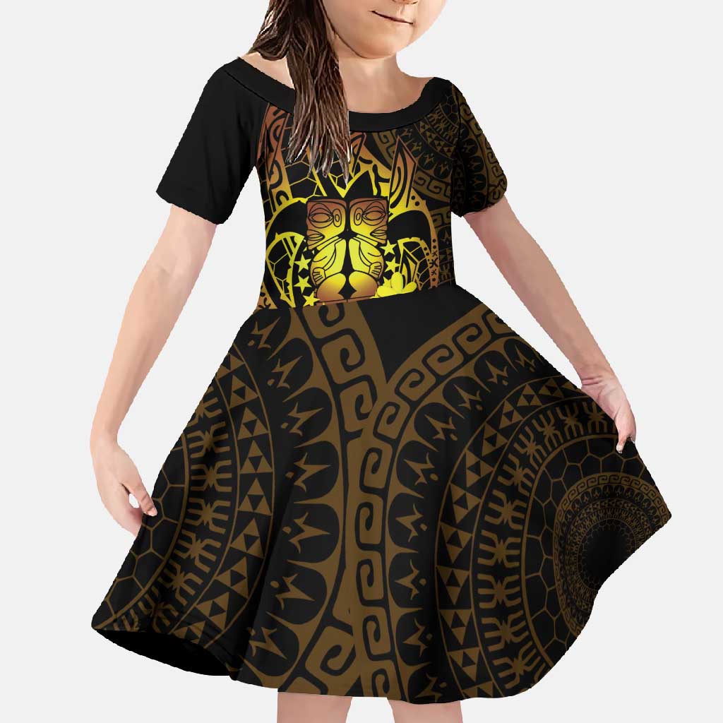 Kia Orana Kuki Airani Family Matching Short Sleeve Bodycon Dress and Hawaiian Shirt Cook Islands Tangaroa God Tatau Gold LT14 Daughter's Dress Gold - Polynesian Pride