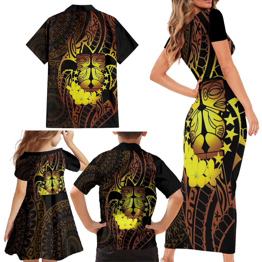 Kia Orana Kuki Airani Family Matching Short Sleeve Bodycon Dress and Hawaiian Shirt Cook Islands Tangaroa God Tatau Gold LT14 - Polynesian Pride