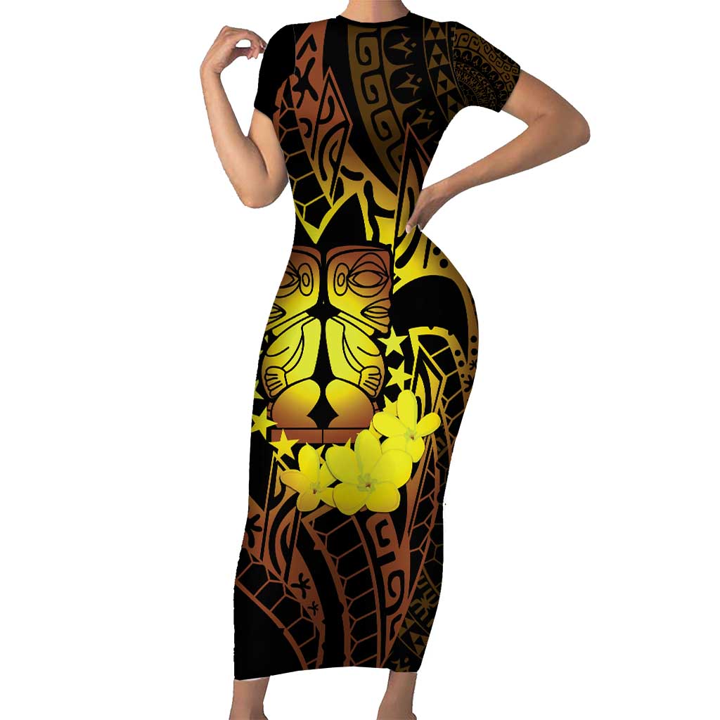Kia Orana Kuki Airani Family Matching Short Sleeve Bodycon Dress and Hawaiian Shirt Cook Islands Tangaroa God Tatau Gold LT14 Mom's Dress Gold - Polynesian Pride