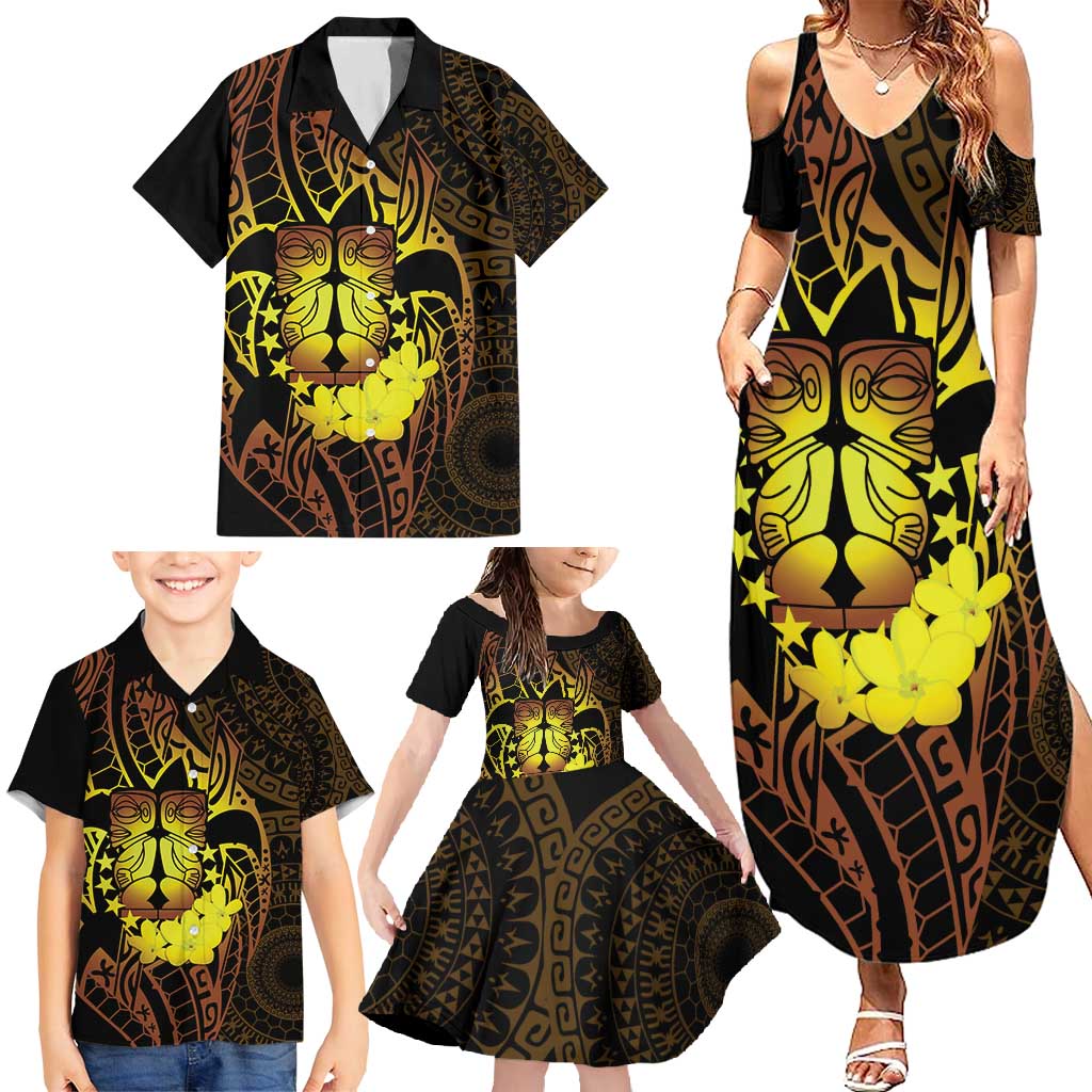 Kia Orana Kuki Airani Family Matching Summer Maxi Dress and Hawaiian Shirt Cook Islands Tangaroa God Tatau Gold