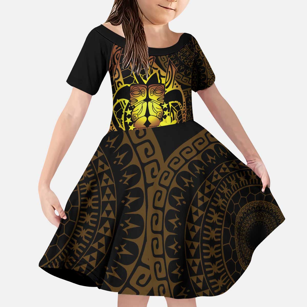 Kia Orana Kuki Airani Kid Short Sleeve Dress Cook Islands Tangaroa God Tatau Gold LT14 KID Gold - Polynesian Pride