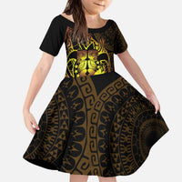 Kia Orana Kuki Airani Kid Short Sleeve Dress Cook Islands Tangaroa God Tatau Gold LT14 KID Gold - Polynesian Pride