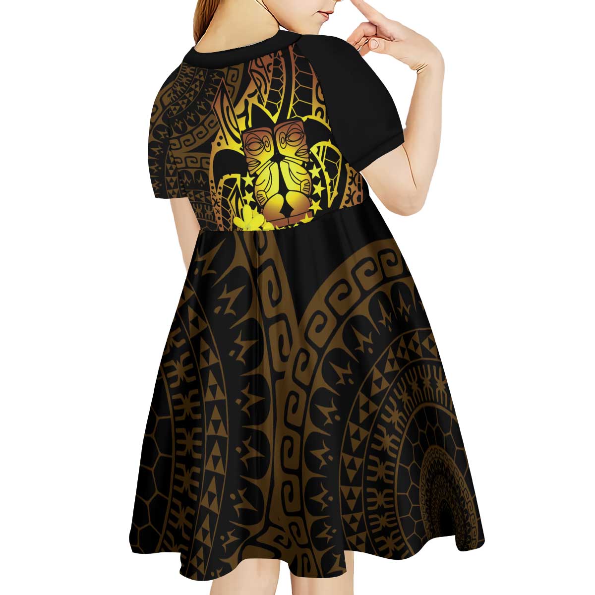 Kia Orana Kuki Airani Kid Short Sleeve Dress Cook Islands Tangaroa God Tatau Gold LT14 - Polynesian Pride