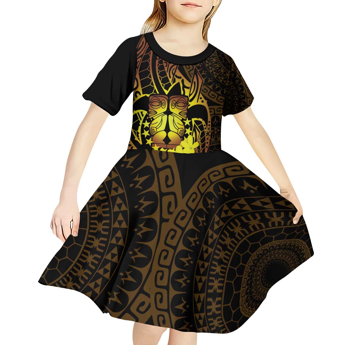 Kia Orana Kuki Airani Kid Short Sleeve Dress Cook Islands Tangaroa God Tatau Gold LT14 - Polynesian Pride