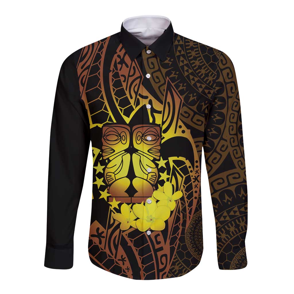 Kia Orana Kuki Airani Long Sleeve Button Shirt Cook Islands Tangaroa God Tatau Gold LT14 Unisex Gold - Polynesian Pride