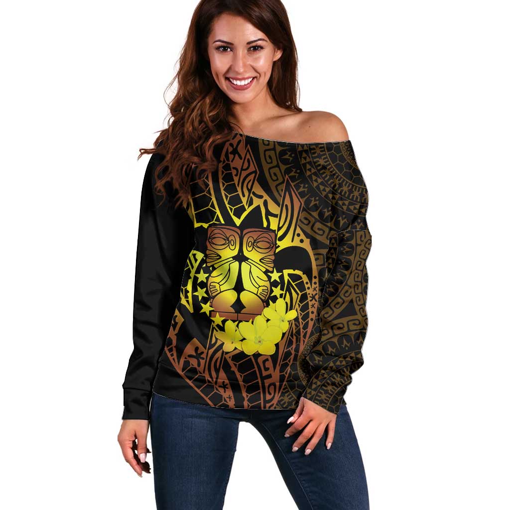 Kia Orana Kuki Airani Off Shoulder Sweater Cook Islands Tangaroa God Tatau Gold LT14 Women Gold - Polynesian Pride