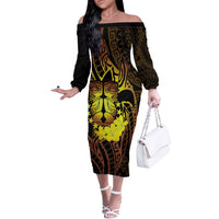 Kia Orana Kuki Airani Off The Shoulder Long Sleeve Dress Cook Islands Tangaroa God Tatau Gold LT14 Women Gold - Polynesian Pride