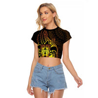 Kia Orana Kuki Airani Raglan Cropped T Shirt Cook Islands Tangaroa God Tatau Gold LT14 Female Gold - Polynesian Pride