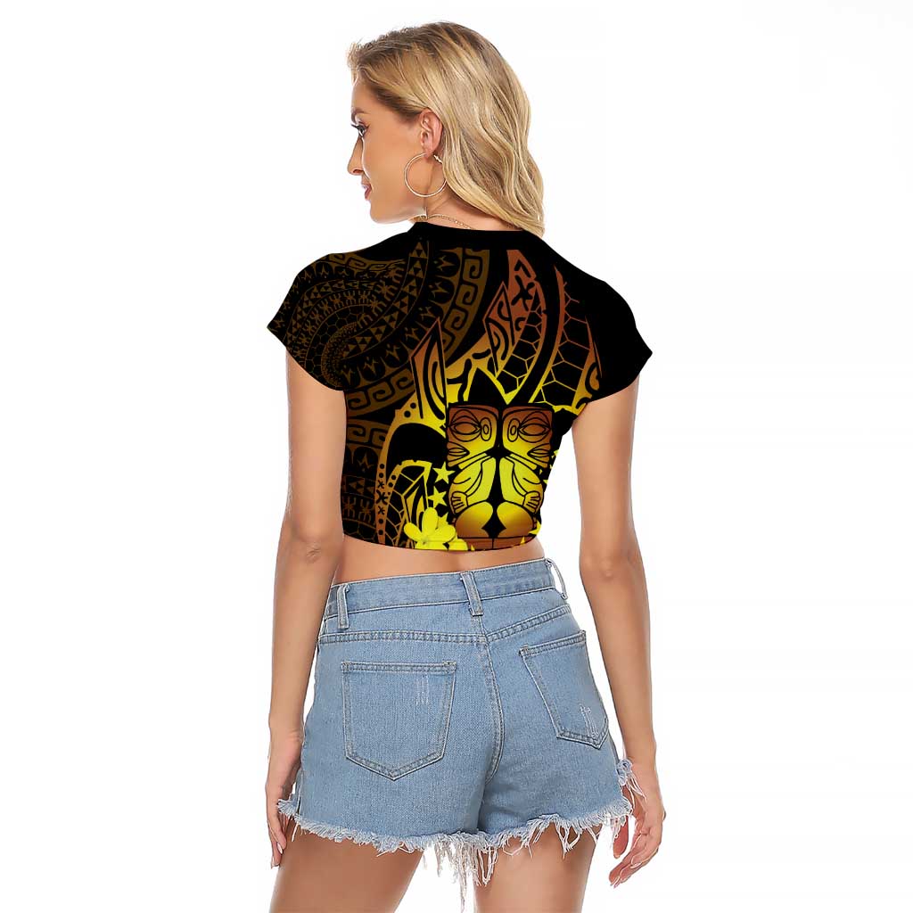 Kia Orana Kuki Airani Raglan Cropped T Shirt Cook Islands Tangaroa God Tatau Gold LT14 - Polynesian Pride