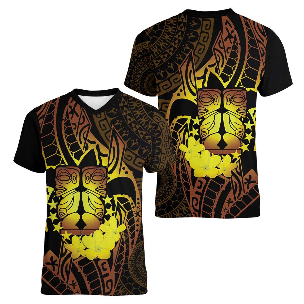 Kia Orana Kuki Airani Women V-Neck T-Shirt Cook Islands Tangaroa God Tatau Gold LT14 - Polynesian Pride