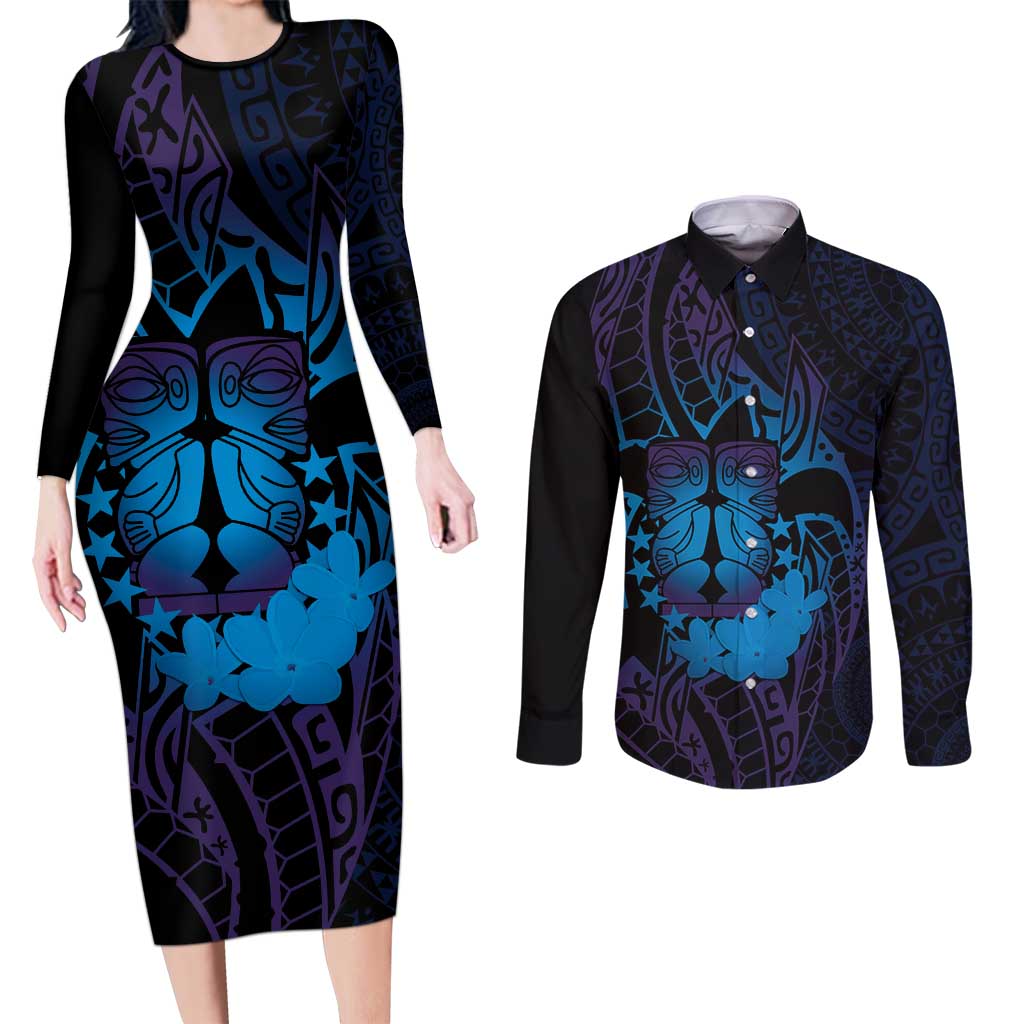 Kia Orana Kuki Airani Couples Matching Long Sleeve Bodycon Dress and Long Sleeve Button Shirt Cook Islands Tangaroa God Tatau Purple LT14 Purple - Polynesian Pride