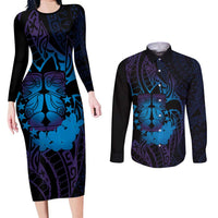 Kia Orana Kuki Airani Couples Matching Long Sleeve Bodycon Dress and Long Sleeve Button Shirt Cook Islands Tangaroa God Tatau Purple LT14 Purple - Polynesian Pride