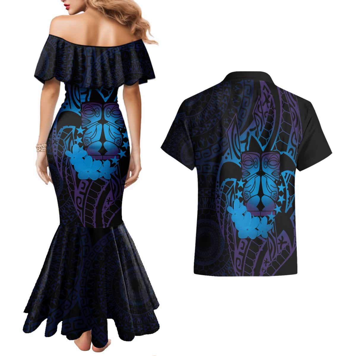 Kia Orana Kuki Airani Couples Matching Mermaid Dress and Hawaiian Shirt Cook Islands Tangaroa God Tatau Purple LT14 - Polynesian Pride