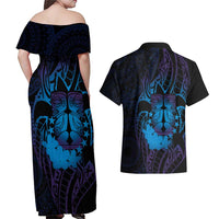 Kia Orana Kuki Airani Couples Matching Off Shoulder Maxi Dress and Hawaiian Shirt Cook Islands Tangaroa God Tatau Purple LT14 - Polynesian Pride
