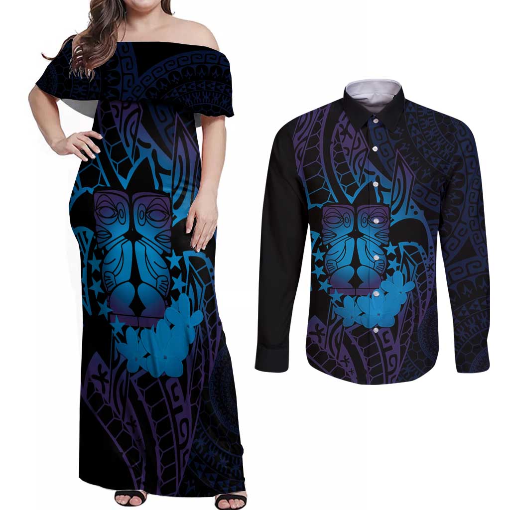 Kia Orana Kuki Airani Couples Matching Off Shoulder Maxi Dress and Long Sleeve Button Shirt Cook Islands Tangaroa God Tatau Purple LT14 Purple - Polynesian Pride