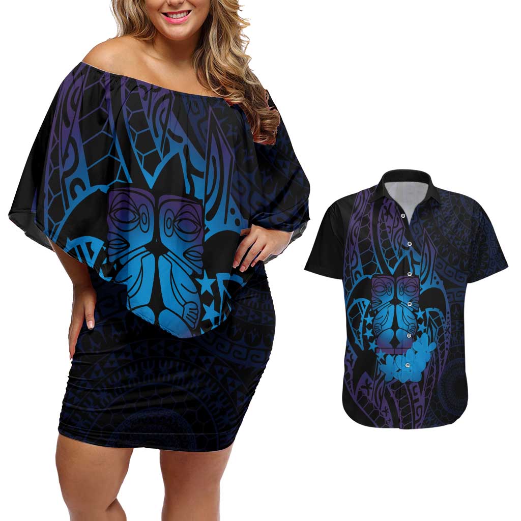 Kia Orana Kuki Airani Couples Matching Off Shoulder Short Dress and Hawaiian Shirt Cook Islands Tangaroa God Tatau Purple