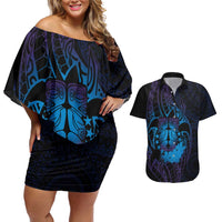 Kia Orana Kuki Airani Couples Matching Off Shoulder Short Dress and Hawaiian Shirt Cook Islands Tangaroa God Tatau Purple LT14 Purple - Polynesian Pride
